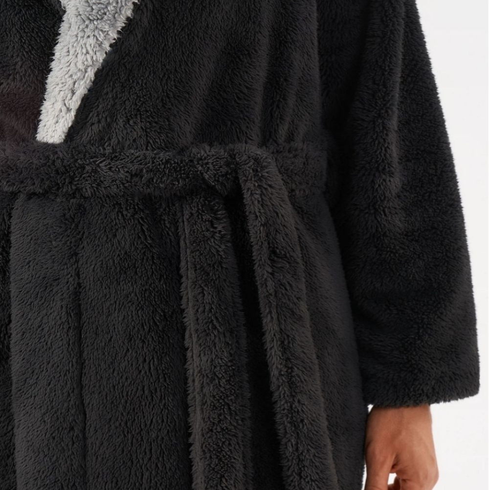 Men's Black Plush Robe with Gray Shawl Collar - Picture 2 of 7